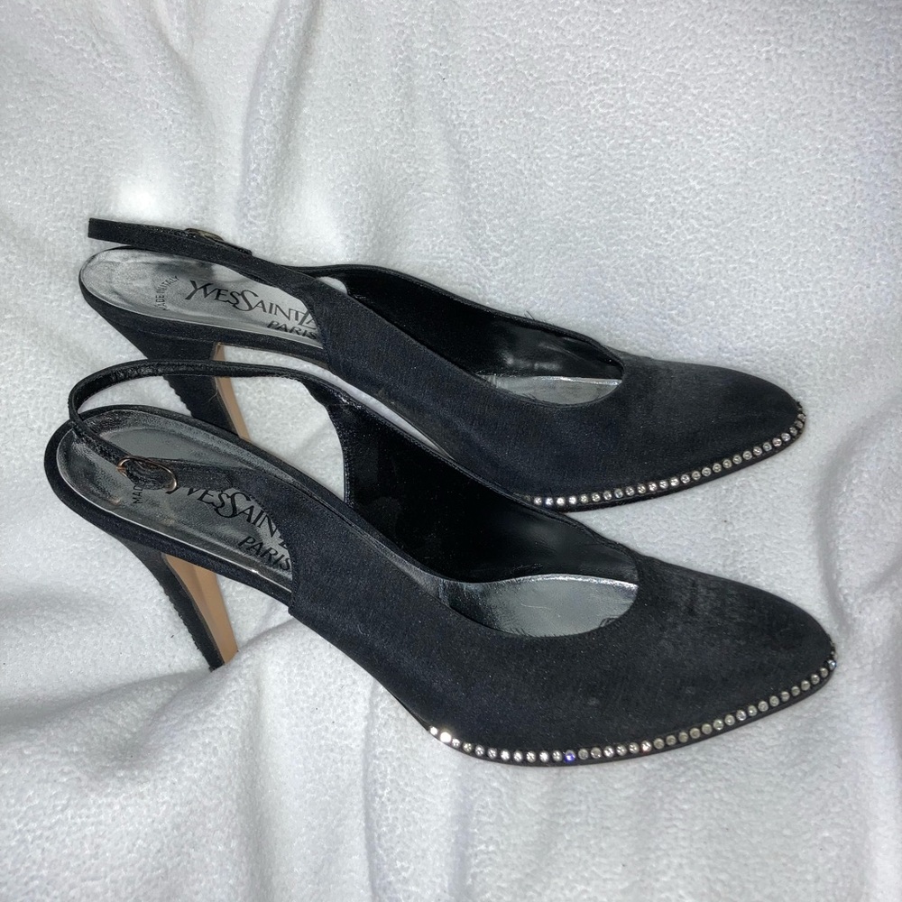 YSL vintage black rhinestone sling back heels